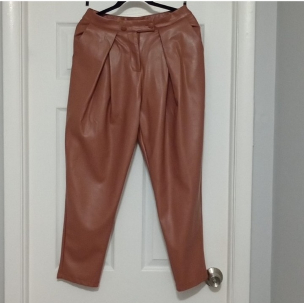 Spring Color Forever 21 Beige Faux Leather Trousers, With Zippper & Pockets New